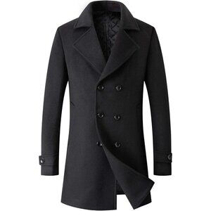 Men's Grey Winter Coat Wool Casual Double Breasted Long Pea Topcoat